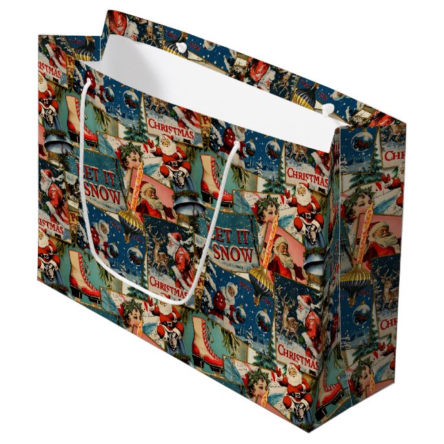 Grand Sac Cadeau Retro Vintage Christmas Cards Collage (Devant Angle)