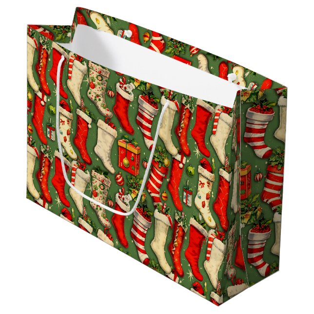 Grand Sac Cadeau Retro Vintage Christmas Stockings Green (Devant Angle)