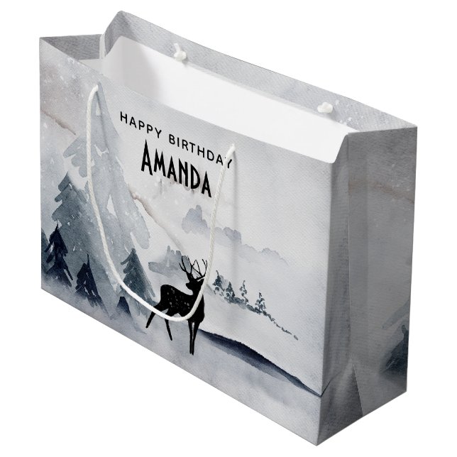 Grand Sac Cadeau Rinde d'hiver Aquarelle gris rustique Anniversaire (Devant Angle)