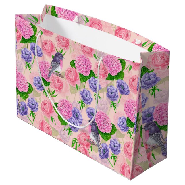 Grand Sac Cadeau Robin et fleurs, motif aquarelle (Dos Angle)
