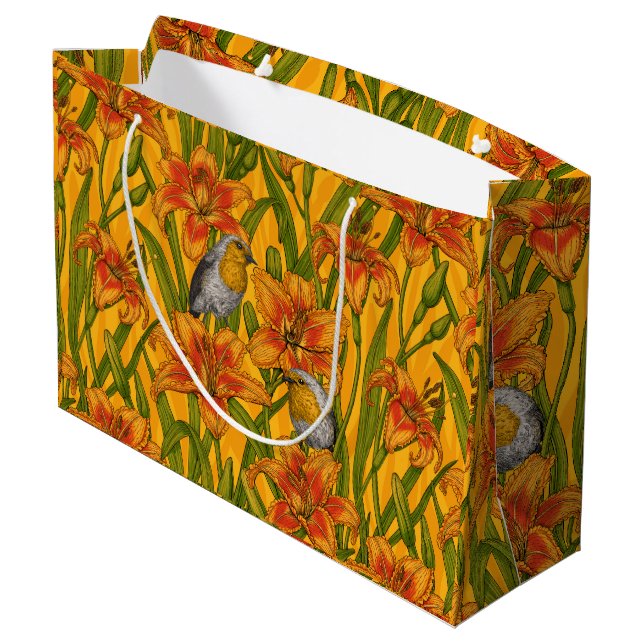Grand Sac Cadeau Robins et fleurs de lys, orange et vert (Dos Angle)