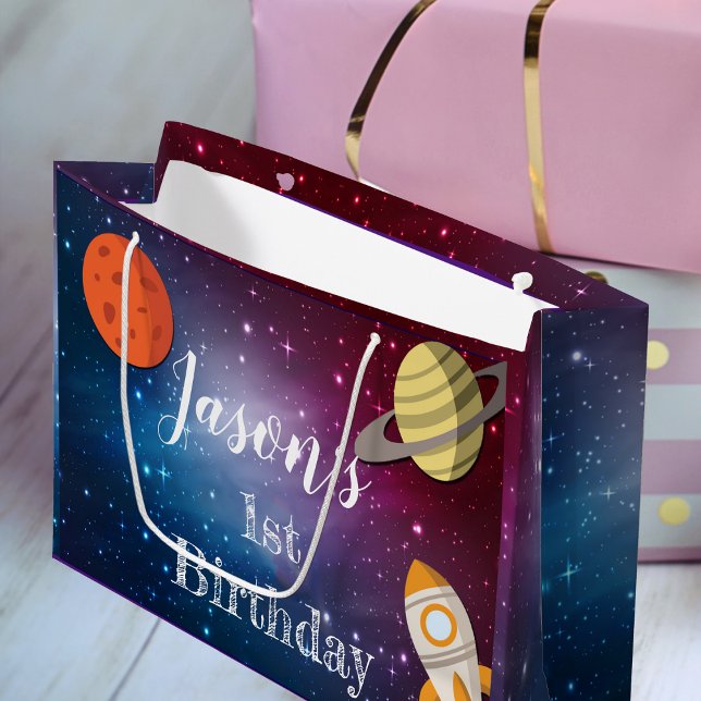 Grand Sac Cadeau Rocket Space Galaxy 1er anniversaire (Rocket Space Galaxy 1st Birthday Party Large Gift Bag)