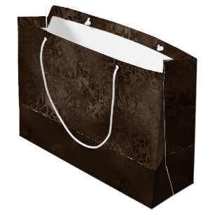 Grand Sac Cadeau Romance en bronze de minuit Satiny Grunge Damask