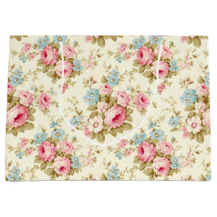 Grand Sac Cadeau Romantique rose Rose anglais sur jaune pâle