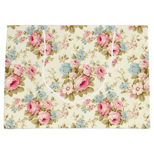 Grand Sac Cadeau Romantique rose Rose anglais sur jaune pâle (Devant)
