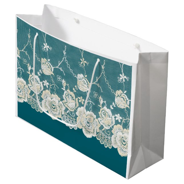 Grand Sac Cadeau Romantique Turquoise Vert Bleu Blanc dentelle Mari (Devant Angle)