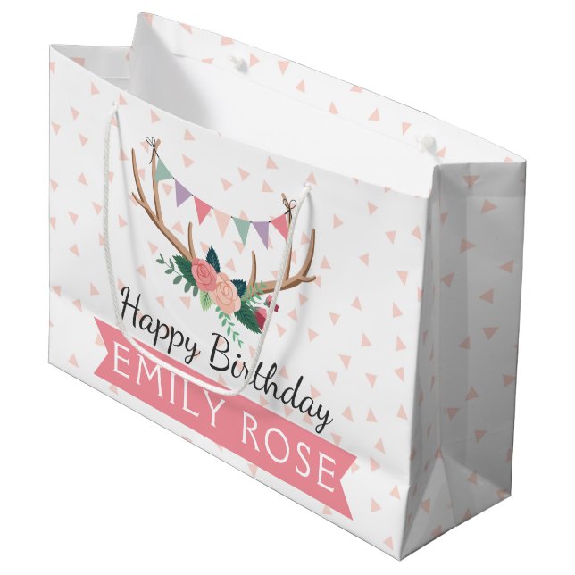 Grand Sac Cadeau Rose Antlers & Party Bunting Girl'Anniversaire (Devant Angle)