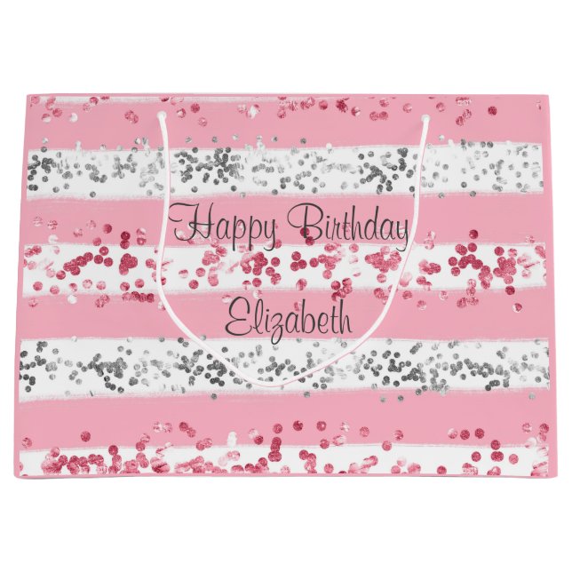 Grand Sac Cadeau Rose Blanc Gris Argent Pailleté Personnalisé (Devant)