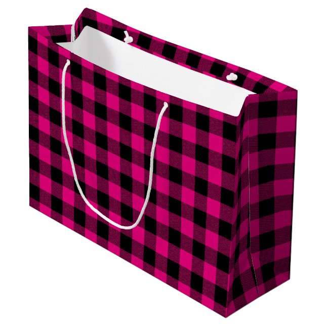 Grand Sac Cadeau Rose chaud et noir En vichy plaid (Devant Angle)