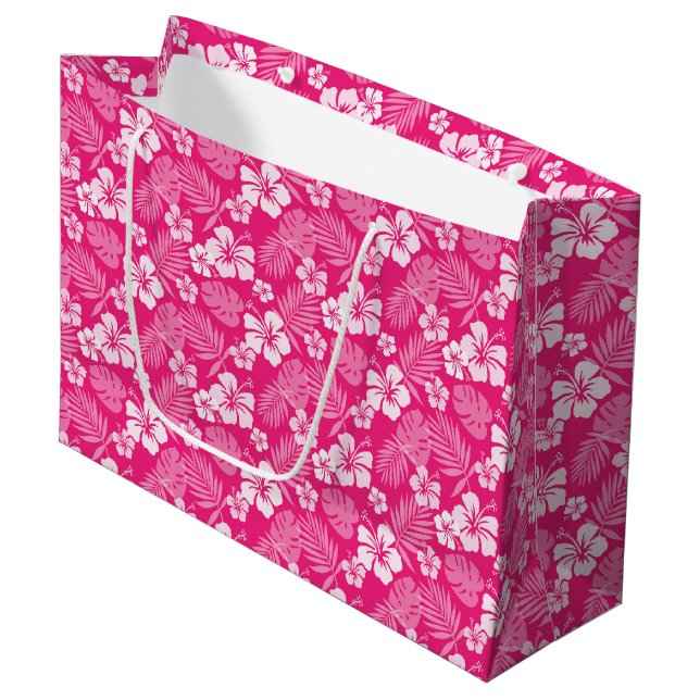 GRAND SAC CADEAU ROSE CHAUDE AVEC FLEURS HIBISQUES BLANCHES TROPICA (Devant Angle)
