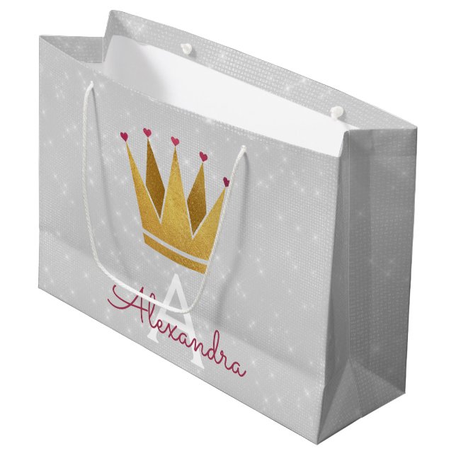 Grand Sac Cadeau Rose de la Couronne blanche Parties scintillant ro (Devant Angle)