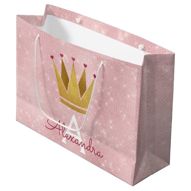 Grand Sac Cadeau Rose de la Couronne rose or rose Parties scintilla (Devant Angle)
