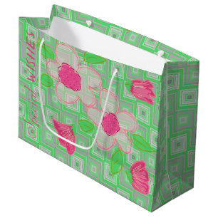 Grand Sac Cadeau Rose Flowé avec vert et gris
