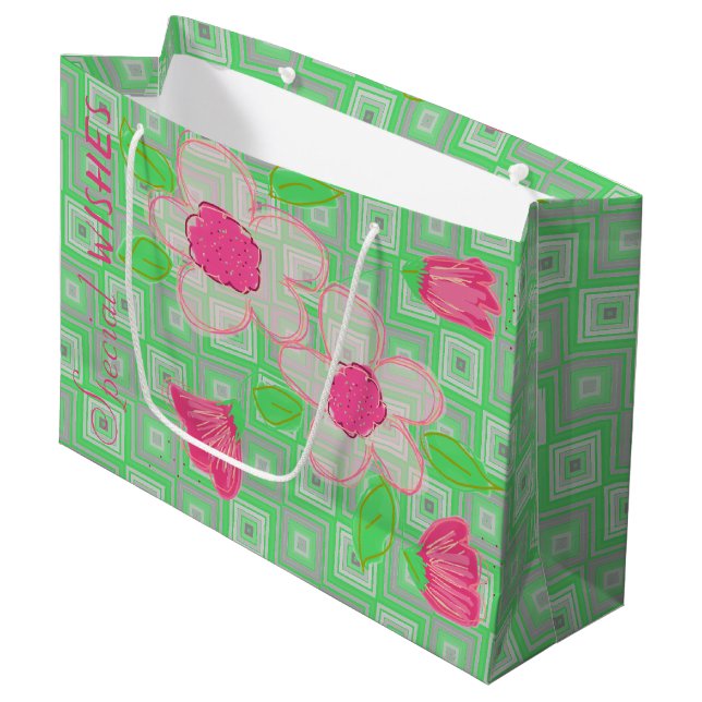 Grand Sac Cadeau Rose Flowé avec vert et gris (Devant Angle)