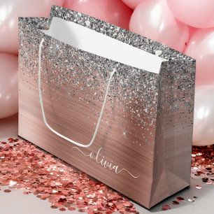 Grand Sac Cadeau Rose Gold Argent Paillettes Monogrammé Métal Bross