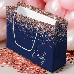 Grand Sac Cadeau Rose Gold et Bleu Marine Blush Paillettes Monogram