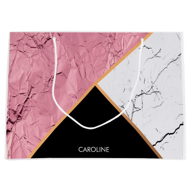 Grand Sac Cadeau Rose Gold Noir et Motif Marbre blanc (Devant)