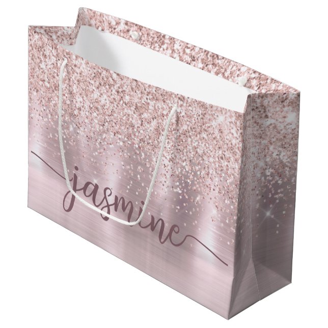 Grand Sac Cadeau Rose Gold Paillette Monogramme Prénom Écriture Fém (Devant Angle)