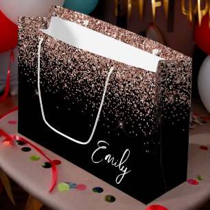 Grand Sac Cadeau Rose noire féminine et blush rose paillettes monog