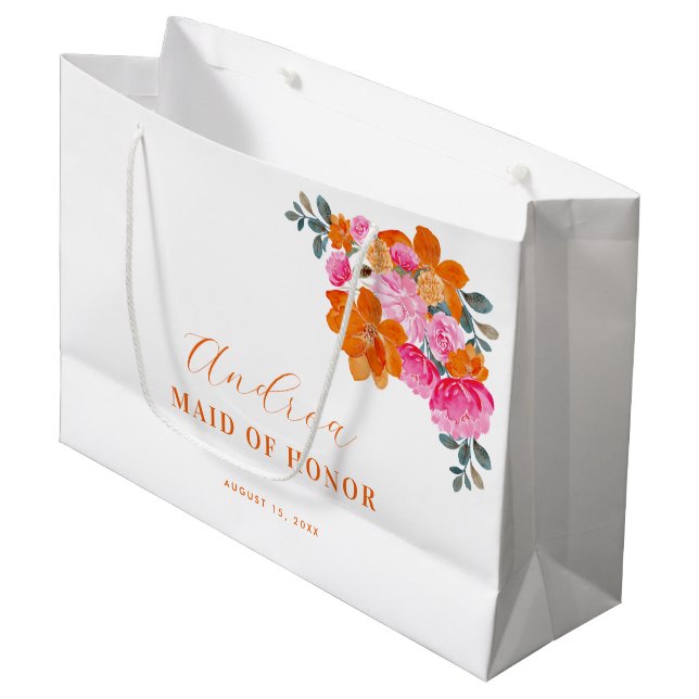 Grand Sac Cadeau Rose Orange Clair Floral Vibrant Demoiselle d'Honn (Devant Angle)