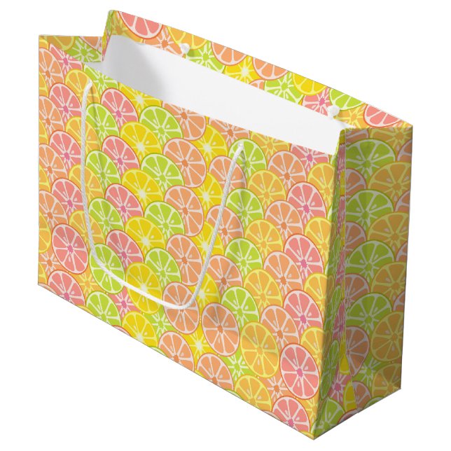 GRAND SAC CADEAU ROSE ORANGE JAUNE FRUITS VERTS (Devant Angle)