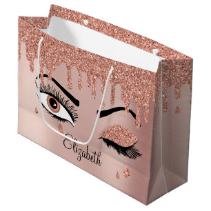 Grand Sac Cadeau Rose Pink Gold Eyelashes Dripping Glitter