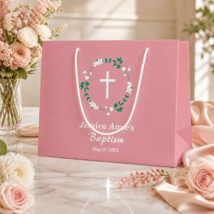 Grand Sac Cadeau Rose Poussiéreuse Croix Blanche Couronne Florale B
