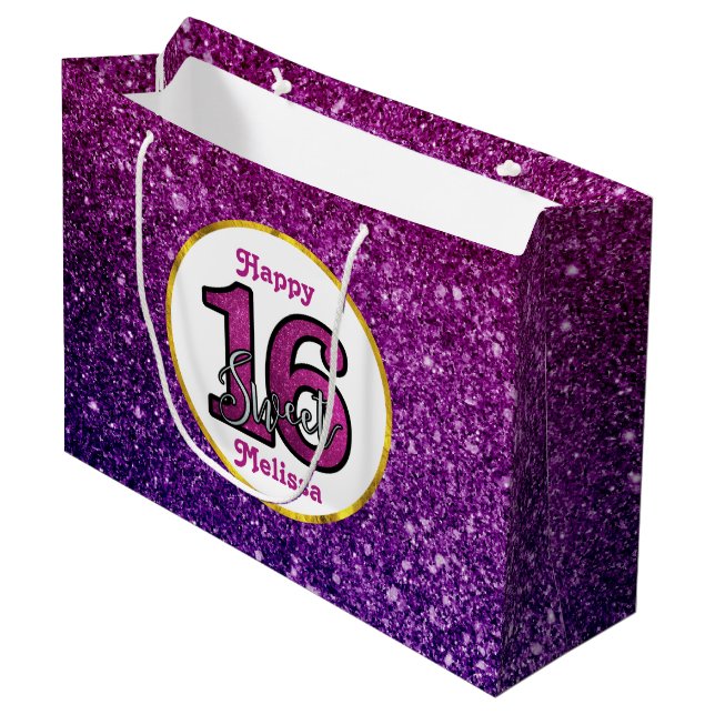 Grand Sac Cadeau Rose & Purple Sweet 16 Parties scintillant étincel (Devant Angle)