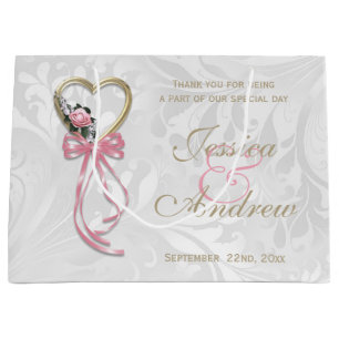 Grand Sac Cadeau Rose Romantique, Cœur Doré & Ruban Rose