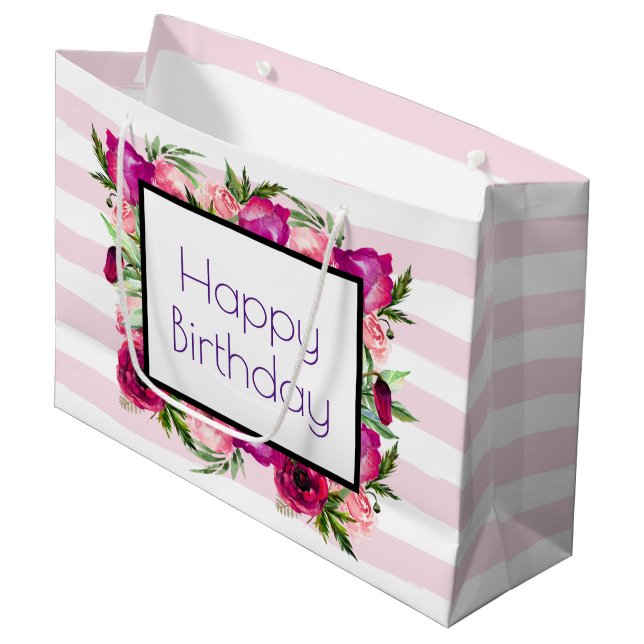 Grand Sac Cadeau Rose rose et bouquet floral de pavot Joyeux annive (Devant Angle)