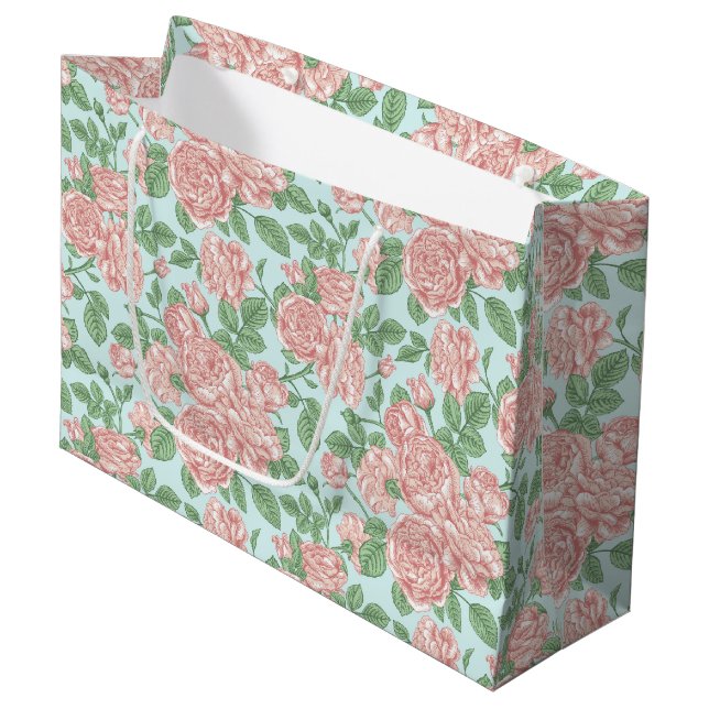 Grand Sac Cadeau Rose rose Jardin Bouquet Motif (Devant Angle)