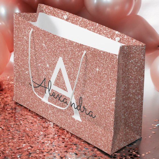 Grand Sac Cadeau Rose Rose Parties scintillant Or & Monogramme étin (Créateur téléchargé)