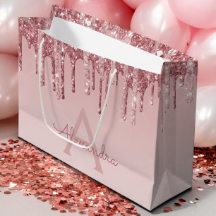 Grand Sac Cadeau Rose Rose Parties scintillant Or & Monogramme étin