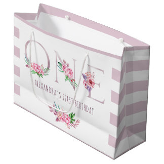 Grand Sac Cadeau Rose rose rose mignonne or floral rayé premier ann