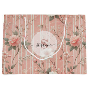 Grand Sac Cadeau Rose rose vintage sur Arrière - plan rose rayé