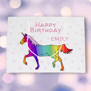 Grand Sac Cadeau Rose Unicorn Stars Fille Anniversaire