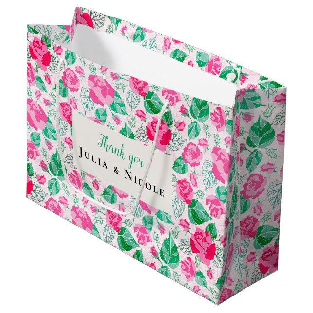 Grand Sac Cadeau Rose Vert Rose Pétales Fleurs Jardin Mariage (Devant Angle)