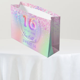 Grand Sac Cadeau Rose violet holographique Sweet 16