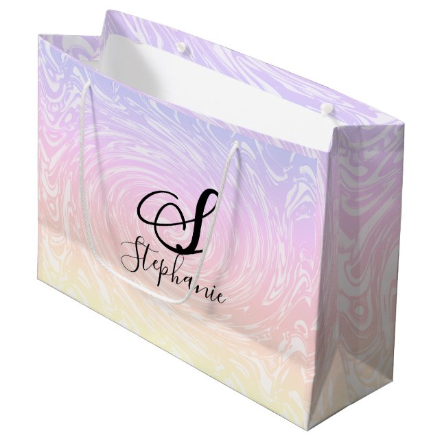 Grand Sac Cadeau Rose White Wave Abstrait Girly Monograms Nom (Devant Angle)