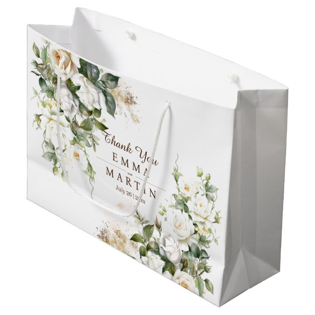 Grand Sac Cadeau Roses blanches Fleurs de mariage Cadeaux (Devant Angle)