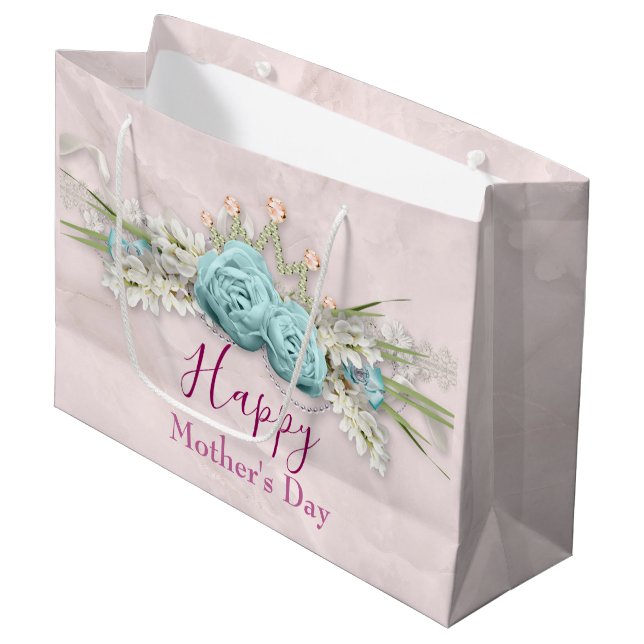 Grand Sac Cadeau Roses bleus et bouquet floral de la Couronne Fête  (Devant Angle)