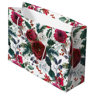 Grand Sac Cadeau Roses de Bourgogne, pin, Holly Christmas Floral
