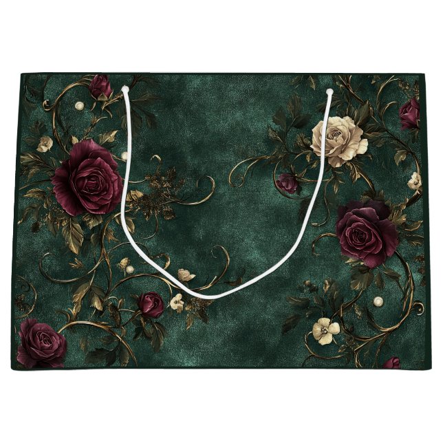Grand Sac Cadeau Roses élégantes. Fond vert foncé.  (Devant)