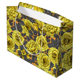 Grand Sac Cadeau Roses jaunes avec feuilles gris sur orange