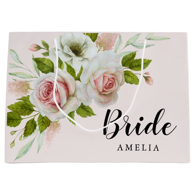 Grand Sac Cadeau Roses roses romantiques Aquarelle Florale Mariée (Devant)