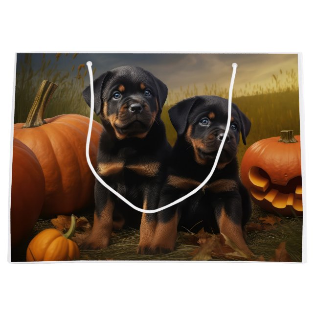Grand Sac Cadeau Rottweiler Chiot Automne Citrouille de plaisir (Devant)