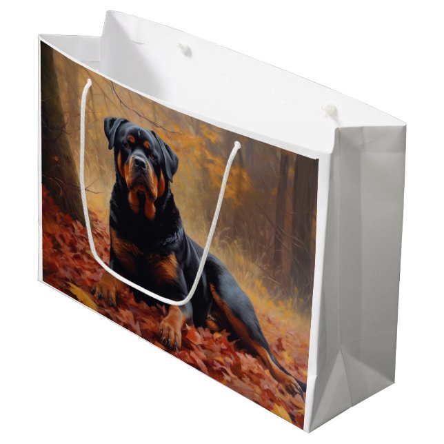 Grand Sac Cadeau Rottweiler dans les feuilles d'automne automne aut (Devant Angle)