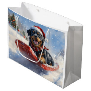 Grand Sac Cadeau Rottweiler en traîneau 'Qu'il neige' Noël