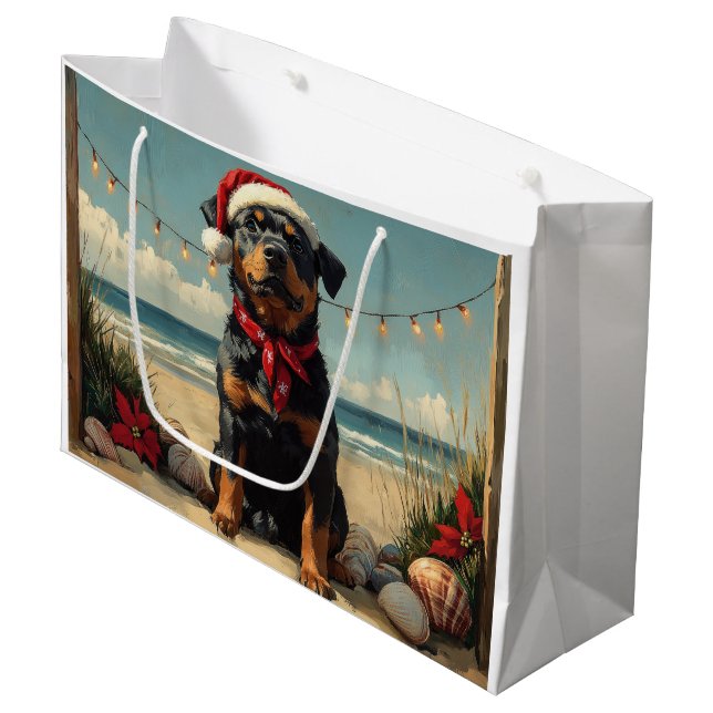 Grand Sac Cadeau Rotweiler Chien Noël Plage Vintage (Devant Angle)