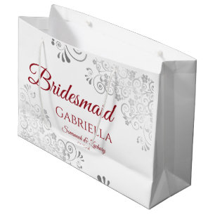 Grand Sac Cadeau Rouge dentelle d'argent sur blanc Mariage de la se